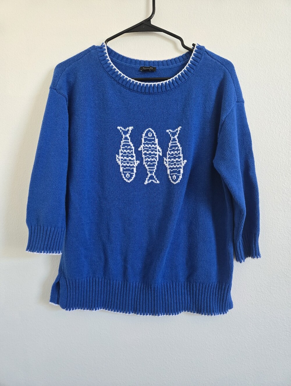 Talbots Blue Crewneck Sweater with White Fish Motif Sz M